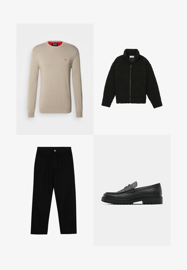Čierna umelá kožušinová bunda s vysokým golierom, zipsom, elastickými manžetami a prešívaným dizajnom. Má bočné vrecká a jemnú textúru.; Béžový pletený sveter s dlhými rukávmi, okrúhlym výstrihom a malým červeným logom na hrudi. Obsahuje rebrované manžety a spodný lem.; Čierne denimmové nohavice s rovný strihom, dizajnom s piatimi vreckami a upínaním na prednej strane. Hladká textúra s minimálnymi detailmi šitia.; Čierne kožené mokasíny s okrúhlou špičkou, s prešitým dizajnom, nízkou platformou a textúrovanou, zúbkovanou gumovou podrážkou.