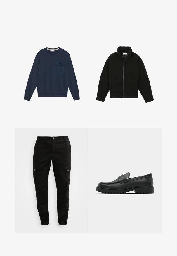 Čierna umelá kožušinová bunda s vysokým golierom, zipsom, elastickými manžetami a prešívaným dizajnom. Má bočné vrecká a jemnú textúru.; Námornícky modrý sveter vyrobený z mäkkej, textúrovanej látky. Obsahuje rebrovaný okrúhly výstrih, dlhé rukávy a náprsné vrecko so zapínaním na gombík.; Čierne cargo nohavice z odolnej látky, s bočnými vreckami, zapínaním na gombík a úzkym strihom. Hladký povrch s minimálnym zdobením.; Čierne kožené mokasíny s okrúhlou špičkou, s prešitým dizajnom, nízkou platformou a textúrovanou, zúbkovanou gumovou podrážkou.