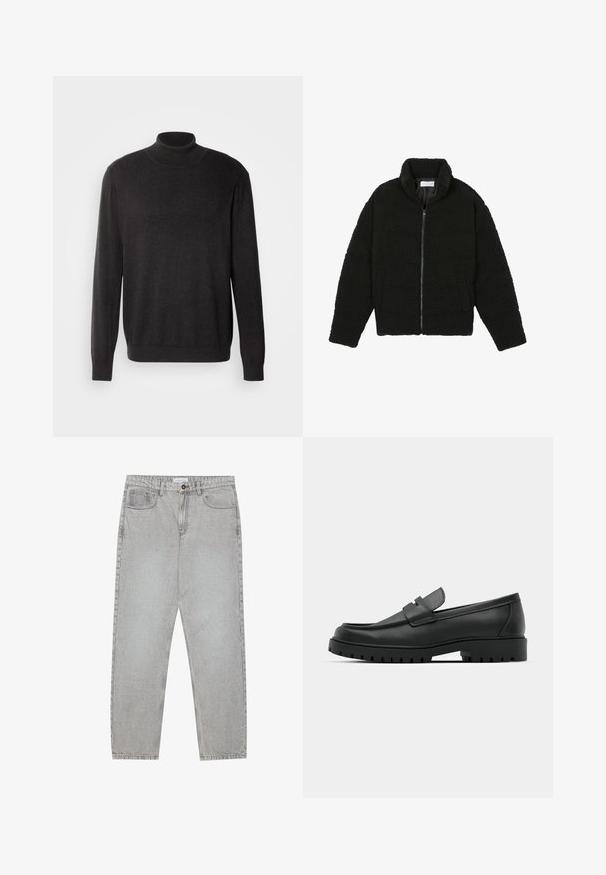 Veste en fausse fourrure noire avec un col haut, fermeture éclair, poignets élastiques et un design matelassé. Elle possède des poches latérales et une texture douce.; Pull en col roulé gris foncé fabriqué dans un tissu doux et texturé ; il présente des manches longues et une silhouette ajustée, avec un col et un ourlet côtelés.; Pantalon en denim gris clair avec une coupe droite, cinq poches et une fermeture à bouton. Coutures visibles le long des coutures.; Mocassins en cuir noir à bout arrondi, avec un design cousu, une semelle plateforme basse et une semelle en caoutchouc texturée et crantée.