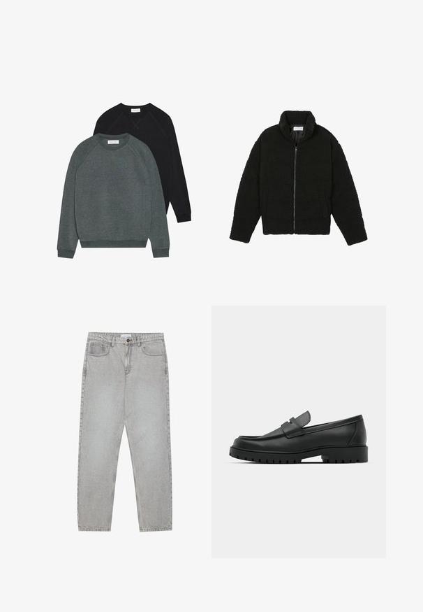 Črna jakna iz umetnega krzna z visokim ovratnikom, z zadrgo, elastičnimi manšetami in kviltanim dizajnom. Ima stranske žepke in mehak tekstur.; Dve puloverja s krožnim izrezom: en temno zeleni in en črn. Obe imata raglan rokave, rebraste manšete in mehak, teksturiran material.; Svetlo sivi traper hlače s ravnim krojem, pet žepov in gumbom za zapiranje. Vidno šivanje ob šivih.; Črne usnjene loafers čevlje z zaobljenim nosom, ki imajo šivano zasnovo, nizko platformo in teksturiran, profiliran gumijast podplat.