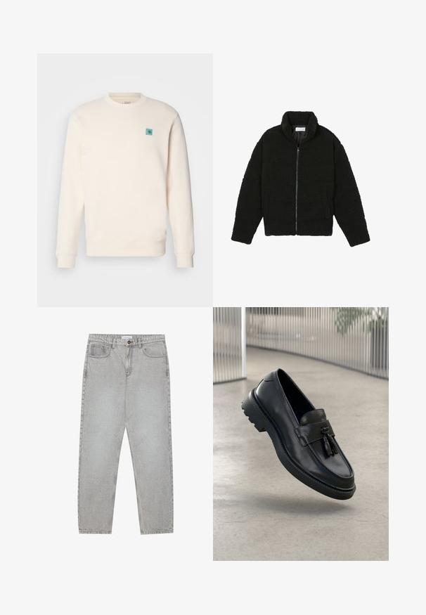 Svart fuskepelsjakke med høy krage, glidelås, elastiske mansjetter og quiltet design. Har sidelommer og en myk tekstur.; Kremfarget genser laget av myk stoff, med rund hals, ribbestrikkede mansjetter, rett kant og et lite blått emblem på brystet.; Lys grå denimbukser med rett ben-design, fem lommer og knappelukking. Synlig søm langs sømmene.; Svarte skinnloafers med jevn finish, dekorativ dusk, tykk gummisåle og syede detaljer. Lettvektig og elegant design.