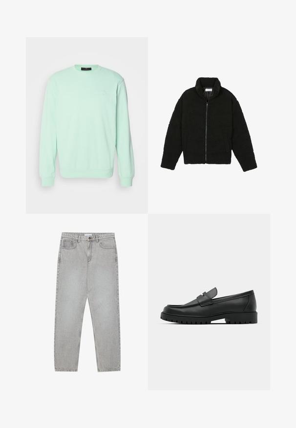 Veste en fausse fourrure noire avec un col haut, fermeture éclair, poignets élastiques et un design matelassé. Elle possède des poches latérales et une texture douce.; Sweatshirt vert menthe en tissu doux, avec un col rond, des manches longues et un petit logo sur la poitrine.; Pantalon en denim gris clair avec une coupe droite, cinq poches et une fermeture à bouton. Coutures visibles le long des coutures.; Mocassins en cuir noir à bout arrondi, avec un design cousu, une semelle plateforme basse et une semelle en caoutchouc texturée et crantée.
