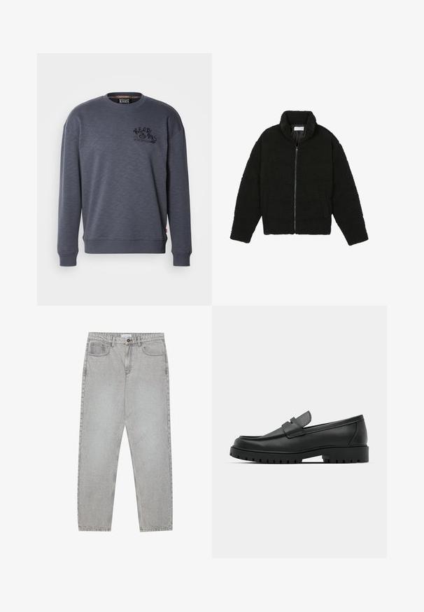 Crna jakna od umjetnog krzna s visokim ovratnikom, zatvaranjem na zip, elastičnim manžetama i kviltanim dizajnom. Sadrži bočne džepove i mekanu teksturu.; Tamno sivi dukserica od teksturiranog materijala, s okruglim izrezom, rebrastim manžetama i donjim rubom, s crnim PRINTANIM LOGOM na prsima.; Svijetlosivi traper hlače s ravnim nogavicama, stilom s pet džepova i kopčanjem na gumb. Vidljivo šivenje duž šavova.; Crne kožne mokasine s zaobljenim vrhom, s ušivenim dizajnom, niskom platformom i teksturiranim, gumenim potplatom s izbočinama.
