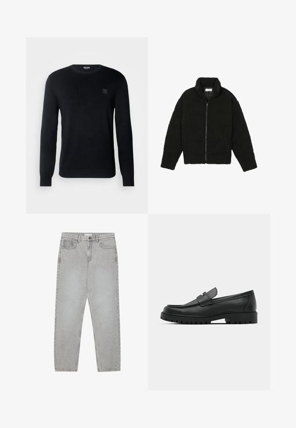 Veste en fausse fourrure noire avec un col haut, fermeture éclair, poignets élastiques et un design matelassé. Elle possède des poches latérales et une texture douce.; Pull noir en matière tricotée douce. Il a un col rond et des manches longues, avec une petite étiquette logo sur la poitrine.; Pantalon en denim gris clair avec une coupe droite, cinq poches et une fermeture à bouton. Coutures visibles le long des coutures.; Mocassins en cuir noir à bout arrondi, avec un design cousu, une semelle plateforme basse et une semelle en caoutchouc texturée et crantée.