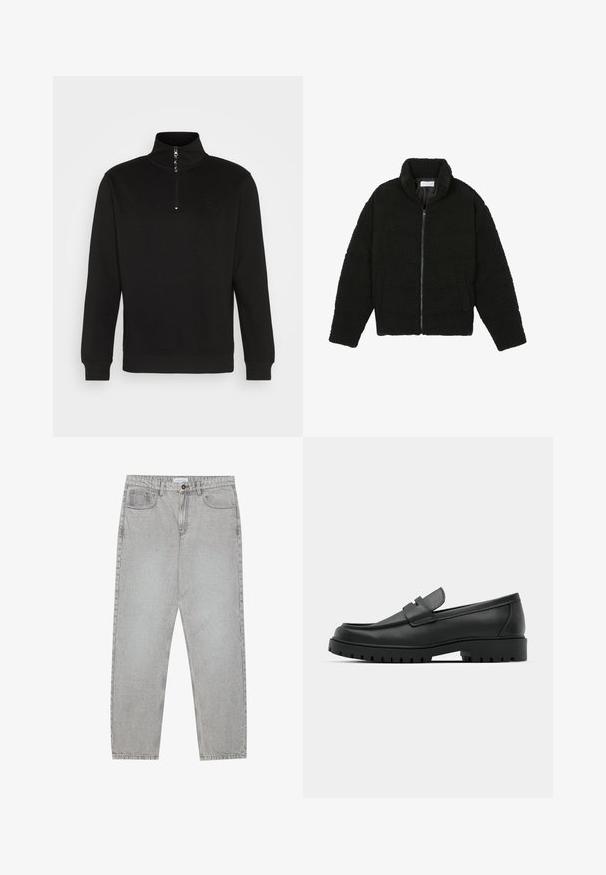 Črna jakna iz umetnega krzna z visokim ovratnikom, z zadrgo, elastičnimi manšetami in kviltanim dizajnom. Ima stranske žepke in mehak tekstur.; Črna pulover s četrtno zadrgo, ki ima visok ovratnik, rebraste manšete in diskreten logo, izdelan iz mehkega, strukturiranega blaga.; Svetlo sivi traper hlače s ravnim krojem, pet žepov in gumbom za zapiranje. Vidno šivanje ob šivih.; Črne usnjene loafers čevlje z zaobljenim nosom, ki imajo šivano zasnovo, nizko platformo in teksturiran, profiliran gumijast podplat.