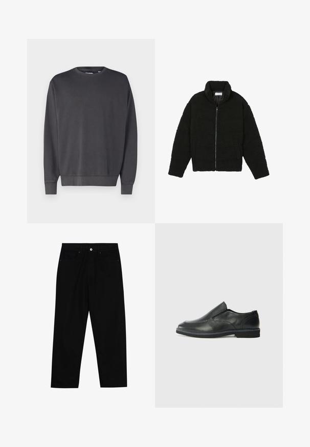 Schwarze Kunstpelzjacke mit hohem Kragen, Reißverschluss, elastischen Bündchen und gestepptem Design. Verfügt über seitliche Taschen und eine weiche Textur.; Dunkelgrauer Sweatshirt mit Rundhalsausschnitt, langen Ärmeln und gerippten Abschlüssen am Bund und an den Ärmeln. Hergestellt aus einem weichen, strukturierten Stoff. Einfaches Design, keine sichtbaren Logos.; Schwarze Jeans mit geradem Schnitt, Fünf-Taschen-Design und einem vorderen Knopfverschluss. Glatte Textur mit minimalen Nähten.; Schwarze Leder-Slipper mit glattem Obermaterial, gesteppten Akzenten, runder Zehenpartie und niedrigem Gummiabsatz. Die Sohle hat ein minimales Profil.