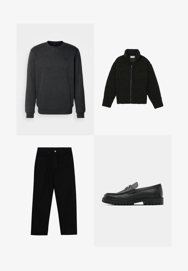 Must must karusnahast jakk kõrge kraega, lukuga sulgemine, elastsed varrukad ja tikandmuster. Omab küljetaskuid ja pehmet tekstuuri.; Tumehall sweatshirt, mis on valmistatud pehmest kangast, funktsioonid ümmargune kaelus, pikad varrukad ja ees väike reljeefne logo.; Mustadest denimist püksid, millel on sirge jalg, viie tasku disain ja eesnupuga sulgur. Sile tekstuur koos minimaalsete õmblustega.; Mustad musta nahast loafers, millel on ümar varvas, tikandiga disain, madal platvorm-soon ja tekstureeritud, soonikkummist välistald.