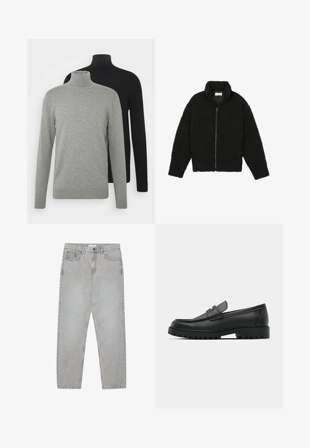 Črna jakna iz umetnega krzna z visokim ovratnikom, z zadrgo, elastičnimi manšetami in kviltanim dizajnom. Ima stranske žepke in mehak tekstur.; Dva puloverja z visokim ovratnikom: en sivo in en črno, oba iz mehkega materiala z dolgimi rokavi ter rebrastimi manžetami in robovi.; Svetlo sivi traper hlače s ravnim krojem, pet žepov in gumbom za zapiranje. Vidno šivanje ob šivih.; Črne usnjene loafers čevlje z zaobljenim nosom, ki imajo šivano zasnovo, nizko platformo in teksturiran, profiliran gumijast podplat.