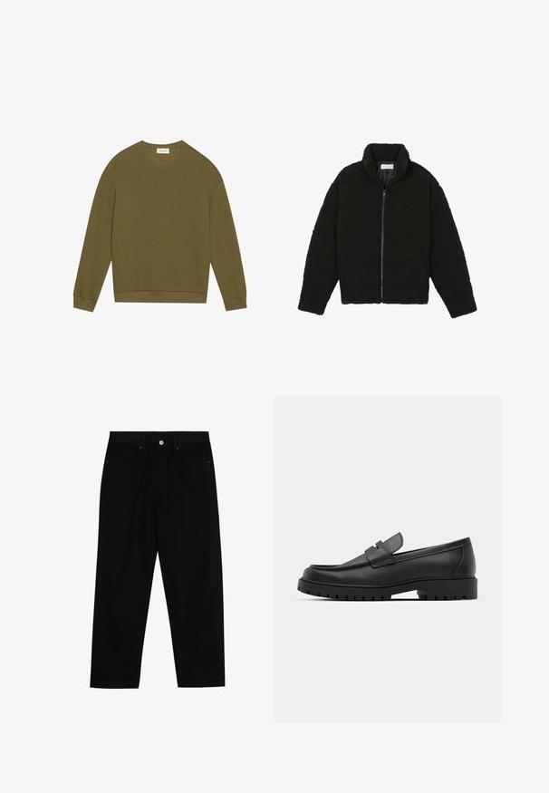 Casaco de pelo sintético preto com gola alta, fecho de zip, punhos elásticos e um design acolchoado. Apresenta bolsos laterais e uma textura suave.; Pulôver de mangas longas em verde oliva com padrão texturizado de espinha de peixe, decote redondo e punhos e bainha canelados. Corte simples e descontraído.; Calças de ganga pretas com corte straight-leg, design de cinco bolsos e fecho frontal por botão. Tecido suave com detalhes de costura mínimos.; Sapatilhas de couro preto com bico arredondado, apresentando um design cosido, sola de plataforma baixa e um solado de borracha texturizado e com cravos.