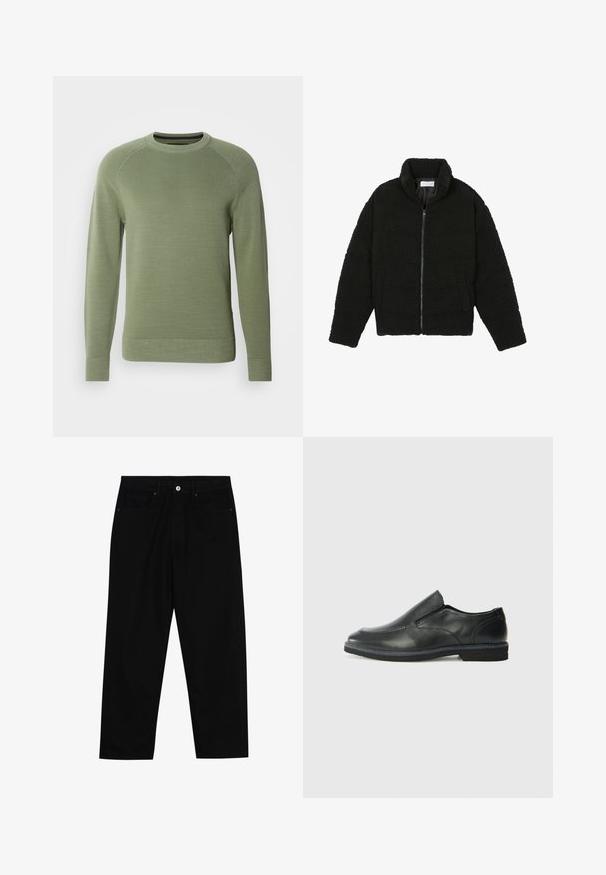 Czarna kurtka z faux futra z wysokim kołnierzem, zapięciem na zamek, elastycznymi mankietami i pikowanym wzorem. Posiada boczne kieszenie i miękką fakturę.; Marc O'Polo - Sweter; Czarne spodnie dżinsowe w klasycznym kroju prostym, z pięcioma kieszeniami i zapięciem na guzik z przodu. Gładka tekstura z minimalnymi detalami szwy.; Czarne skórzane buty wsuwane z gładką cholewką, przeszyciami, okrągłym noskiem i niskim gumowym obcasem. Podeszwa ma minimalny bieżnik.