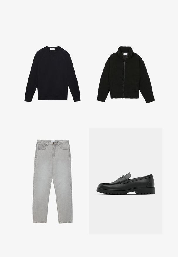 Svart fuskepelsjakke med høy krage, glidelås, elastiske mansjetter og quiltet design. Har sidelommer og en myk tekstur.; Svart langermet genser med rund hals, ribbede mansjetter og nederkant, synlige sømmer, og en liten hvit merkeetikett inni nakken.; Lys grå denimbukser med rett ben-design, fem lommer og knappelukking. Synlig søm langs sømmene.; Sorte lærloafere med rund tå, med en syddesign, lav plattformsåle og en teksturert, ruggede gummisåle.