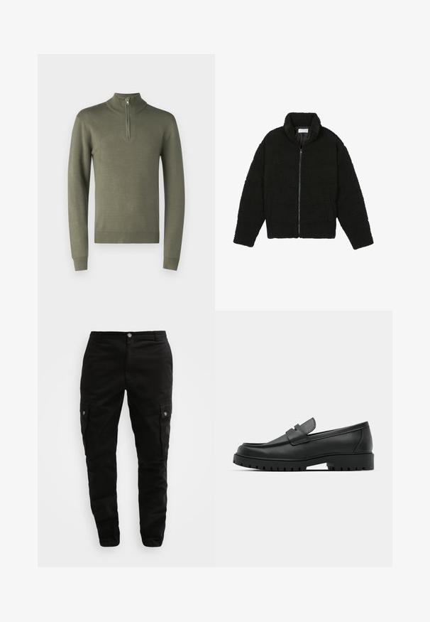 Musta tekokarvalehtijakku korkean kauluksen, vetoketjun, joustavat hihansuut ja tilkkutäkkikuvion. Sisältää sivutaskut ja pehmeän pinnan.; Oliivivihreä vetoketjulla varustettu korkeakauluksinen neulepusero. Varustettu pitkillä hihoilla sekä ribatulla hihansuilla ja helmalla, valmistettu pehmeästä neulemateriaalista.; Musta cargo-housut, jotka on valmistettu kestävästä kankaasta, sisältävät sivutaskut, napin sulkemisen ja slim fit -muotoilun. Silkkinen rakenne, jossa on minimaalinen yksityiskohtaisuus.; Musta nahkaloafers, joissa on pyöreä kärki, ommeltu pinta, matala alusta ja kuvioitu, kuminen ulkopohja.