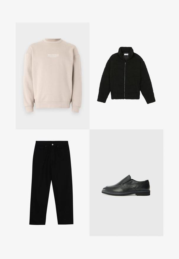 Chaqueta de pelaje sintético negro con cuello alto, cierre de cremallera, puños elásticos y un diseño acolchado. Cuenta con bolsillos laterales y una textura suave.; Sudadera beige hecha de un tejido suave con diseño de cuello redondo. Presenta un logotipo de texto blanco en el pecho y puños y dobladillo acanalados.; Pantalones de mezclilla negra con corte recto, diseño de cinco bolsillos y cierre frontal con botón. Textura suave con detalles de costura mínimos.; Zapato negro de cuero sin cordones con un upper suave, detalles de costura, punta redonda y un bajo tacón de goma. La suela presenta una tracción mínima.