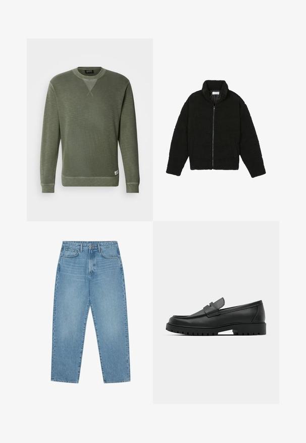 Giacca in pelliccia sintetica nera con colletto alto, chiusura con zip, polsini elasticizzati e design trapuntato. Presenta tasche laterali e una consistenza morbida.; Felpa verde realizzata in tessuto strutturato, con scollatura tonda, maniche lunghe e un piccolo etichetta del marchio in basso a sinistra.; Jeans a gamba larga in denim azzurro chiaro con vita alta, dotati di cinque tasche, passanti per cintura e una consistenza morbida e leggermente sbiadita.; Mocassini in pelle nera con punta rotonda, caratterizzati da un design cucito, suola piatta bassa e un battistrada in gomma testurizzata e scolpita.