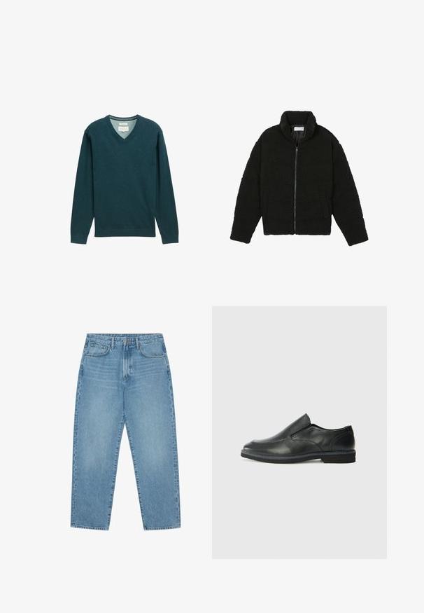 Fekete műszőrme dzseki magas gallérral, cipzáros záródással, rugalmas mandzsettákkal és steppelt mintázattal. Oldalsó zsebekkel rendelkezik, és puha tapintású.; Sötét türkiz színű V nyakú pulóver, puha anyagból; hosszú ujjak, bordás mandzsetták jellemzik, valamint márkajelzés a nyakkivágásnál.; Világoskék farmer széles szárú nadrág magas derékkal, öt zsebből, övhurkokkal és puha, enyhén fakó textúrával.; Fekete bőr, slip-on cipő sima felsőrésszel, varrott díszítéssel, lekerekített orral és alacsony gumitalppal. A talpa minimális bordázattal rendelkezik.