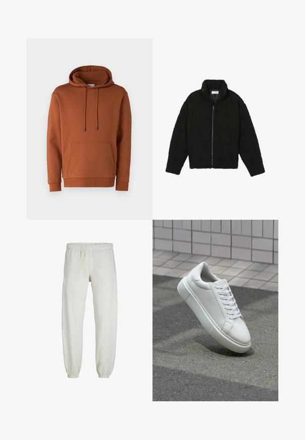 Jachetă din blană sintetică neagră, cu guler înalt, închidere cu fermoar, manșete elastice și un design matlasat. Dispune de buzunare laterale și o textură moale.; Jack & Jones JJEBRADLEY HOOD - Bluză de molton - mocha bisque; Pantaloni de trening albi, realizati dintr-un textile moale, avand talie elastica si mansete, cu o textura fina si un design lejer.; Sneaker alb din piele cu o suprafață netedă, vârf rotund și șireturi plate albe. Dispune de o talpă din cauciuc texturată și elemente de design minimale.
