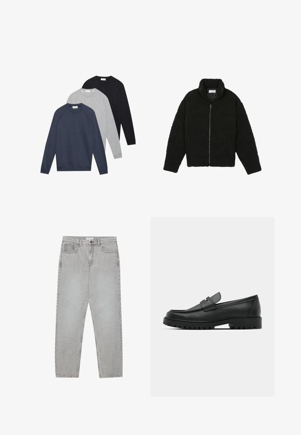 Chaqueta de pelaje sintético negro con cuello alto, cierre de cremallera, puños elásticos y un diseño acolchado. Cuenta con bolsillos laterales y una textura suave.; Tres sudaderas de manga larga con cuello redondo en azul marino, gris claro y negro, apiladas y dispuestas sobre un fondo blanco.; Pantalones de mezclilla gris claro con un diseño de pierna recta, estilo de cinco bolsillos y cierre de botón. Costuras visibles a lo largo de las costuras.; Mocasines de cuero negro con punta redonda, que cuentan con un diseño cosido, suela de plataforma baja y una suela de goma texturada y con tacos.