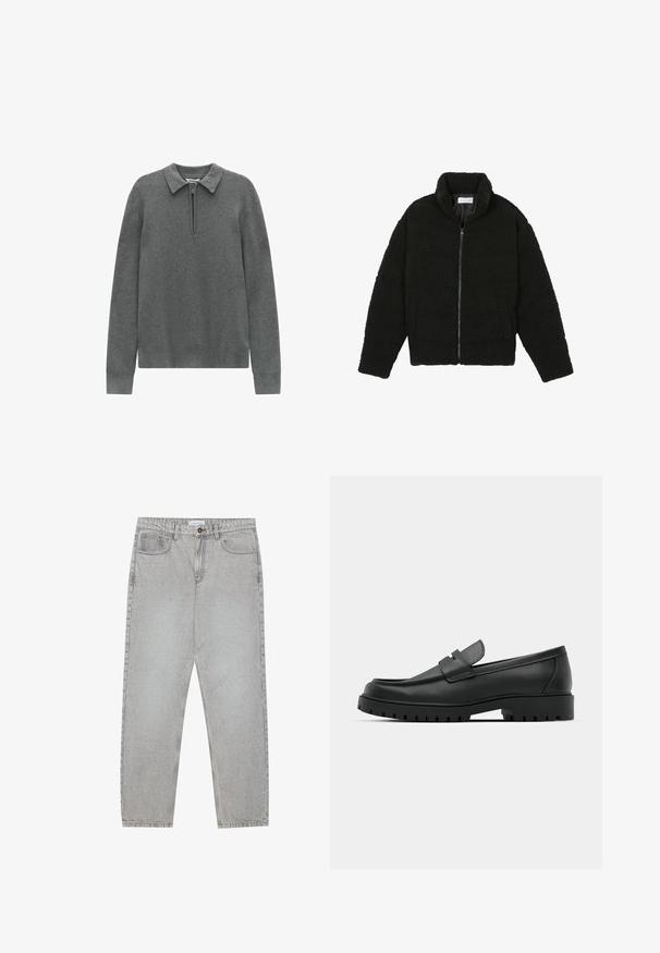 Czarna kurtka z faux futra z wysokim kołnierzem, zapięciem na zamek, elastycznymi mankietami i pikowanym wzorem. Posiada boczne kieszenie i miękką fakturę.; Dobber - Sweter; Jasnoszare dżinsy o prostym kroju nogawki, z pięcioma kieszeniami i zapięciem na guzik. Widoczne szwy wzdłuż szwów.; Czarne skórzane mokasyny z zaokrąglonym noskiem, posiadające przeszywany wzór, niską platformę oraz teksturowaną, gumową podeszwę z bieżnikiem.