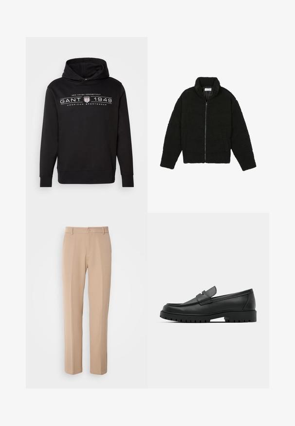 Casaco de pelo sintético preto com gola alta, fecho de zip, punhos elásticos e um design acolchoado. Apresenta bolsos laterais e uma textura suave.; Moletom preto feito de tecido macio, com um logótipo frontal com o texto "GANT 1949" e "American Sportswear". Inclui um capuz com cordão.; Calças bege feitas de um tecido suave, com um design de perna reta, fecho frontal por botão e discretos vincos na parte frontal.; Sapatilhas de couro preto com bico arredondado, apresentando um design cosido, sola de plataforma baixa e um solado de borracha texturizado e com cravos.