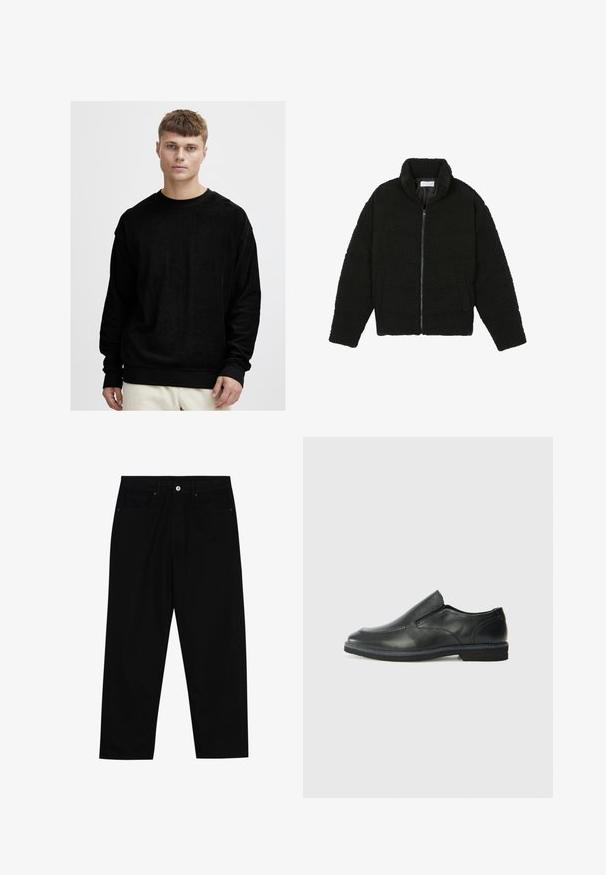 Melnā mākslīgā kažokādas jaka ar augstu apkakli, ar rāvējslēdzēju, elastīgām piedurknēm un kvadrātveida šuvēm. Iespējotas sānu kabatas un mīksta tekstūra.; Melna garās piedurknes sporta krekls no maiga, strukturēta auduma. Tam ir apaļa kakla izgriezne un kontrastējoši melni ribota piedurkņu un apakšmalas gali.; Melni džinsi ar taisnu kāju griezumu, piecu kabatu dizainu un priekšēju pogu aizdari. Gluda tekstūra ar minimālu šuvju detaļu skaitu.; Melnas ādas slip-on kurpes ar gludu augšdaļu, izšūtām akcentiem, noapaļotu purngala daļu un zemu gumijas papēdi. Zole ar minimālu rakstu.