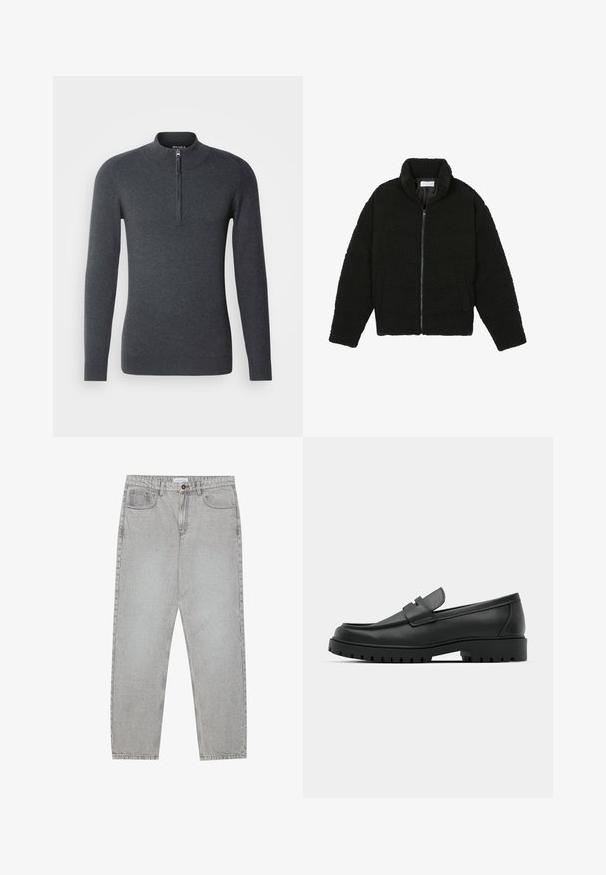 Crna jakna od umjetnog krzna s visokim ovratnikom, zatvaranjem na zip, elastičnim manžetama i kviltanim dizajnom. Sadrži bočne džepove i mekanu teksturu.; Tamno sivi pulover s visokim ovratnikom i kratkim patentnim zatvaračem na prednjem dijelu. Izrađen od meke, teksturirane tkanine s dugim rukavima i rebrastim rukavima.; Svijetlosivi traper hlače s ravnim nogavicama, stilom s pet džepova i kopčanjem na gumb. Vidljivo šivenje duž šavova.; Crne kožne mokasine s zaobljenim vrhom, s ušivenim dizajnom, niskom platformom i teksturiranim, gumenim potplatom s izbočinama.