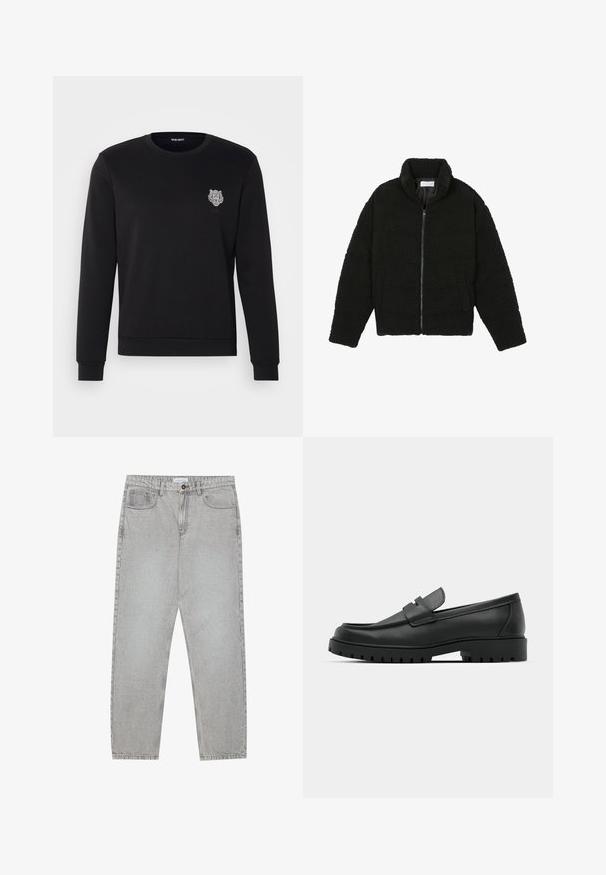 Crna jakna od umjetnog krzna s visokim ovratnikom, zatvaranjem na zip, elastičnim manžetama i kviltanim dizajnom. Sadrži bočne džepove i mekanu teksturu.; Crna dukserica od pamuka, s okruglim izrezom, dugim rukavima i izvezenim tigrovim logom u bijeloj boji na prsima.; Svijetlosivi traper hlače s ravnim nogavicama, stilom s pet džepova i kopčanjem na gumb. Vidljivo šivenje duž šavova.; Crne kožne mokasine s zaobljenim vrhom, s ušivenim dizajnom, niskom platformom i teksturiranim, gumenim potplatom s izbočinama.