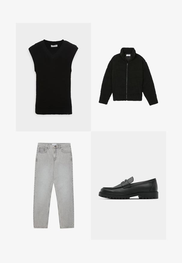 Črna jakna iz umetnega krzna z visokim ovratnikom, z zadrgo, elastičnimi manšetami in kviltanim dizajnom. Ima stranske žepke in mehak tekstur.; Črn brezrokavnik iz pletene tkanine z obliko V-izreza in rebrasto teksturo, s gladkim robom in brez dodatnih okrasnih elementov.; Svetlo sivi traper hlače s ravnim krojem, pet žepov in gumbom za zapiranje. Vidno šivanje ob šivih.; Črne usnjene loafers čevlje z zaobljenim nosom, ki imajo šivano zasnovo, nizko platformo in teksturiran, profiliran gumijast podplat.