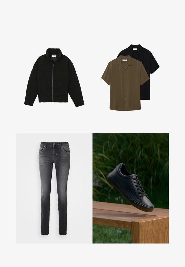 Jachetă din blană sintetică neagră, cu guler înalt, închidere cu fermoar, manșete elastice și un design matlasat. Dispune de buzunare laterale și o textură moale.; Cămașă cu mânecă scurtă, cu nasturi, în verde măsliniu și negru, realizată dintr-un material neted, cu tiv drept și guler ascuțit, având o strălucire subtilă.; Blugi skinny-fit din denim gri închis, cu un design clasic cu cinci buzunare, fermoar cu închidere cu buton și o ușoară decolorare pentru un aspect elegant.; Sneaker din piele neagră cu o textură netedă, vârf rotund și șireturi plate, așezat deasupra unei suprafețe de lemn, cu iarbă verde în fundal.