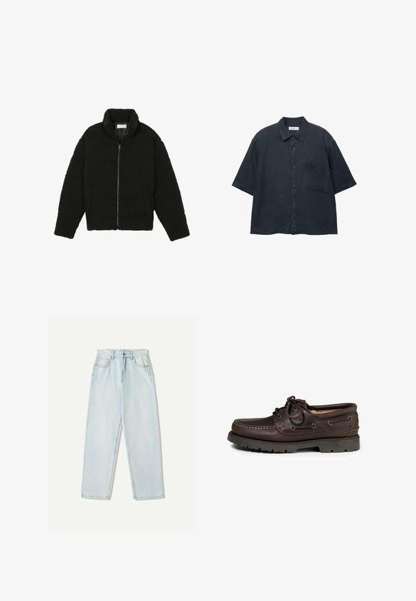 Musta tekokarvalehtijakku korkean kauluksen, vetoketjun, joustavat hihansuut ja tilkkutäkkikuvion. Sisältää sivutaskut ja pehmeän pinnan.; Tummansininen lyhythihainen nappipaita, joka on valmistettu kevyestä kankaasta. Paidassa on rintatasku ja klassinen kaulusk design.; Vaaleansiniset farkut, joissa on rento istuvuus, suora lahje, viisi taskua ja hillitty haalistuminen kankaassa.; Ruskea nahkainen veneenkenkä, jossa on pyöreä kärki, ompeluyksityiskohtia ja metalliset nauhakohdat. Kumipohja, jossa on urapinta.