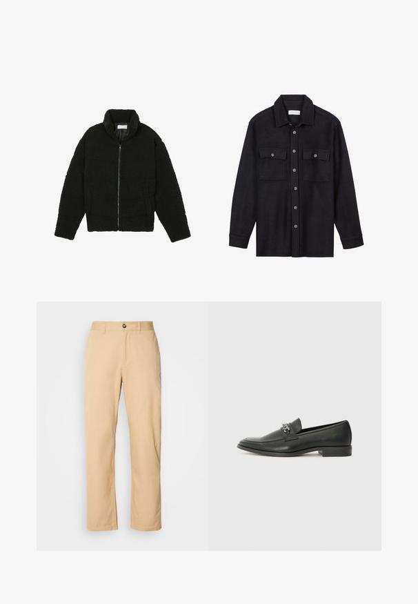 Schwarze Kunstpelzjacke mit hohem Kragen, Reißverschluss, elastischen Bündchen und gestepptem Design. Verfügt über seitliche Taschen und eine weiche Textur.; Schwarze Wollhemdjacke mit Kragen, vorderer Knopfleiste, zwei Brusttaschen und langen Ärmeln. Weicher Stoff, keine sichtbaren Muster.; Khaki Baumwollhosen mit geradem Beinschnitt, ausgestattet mit einem vorderen Knopfverschluss und Gürtelschlaufen. Glatte Textur und einfarbige Oberfläche.; Schwarzer Lederloafer mit glatter Oberfläche, ausgestattet mit einer gesteppten Gestaltung und einem dekorativen Metallkettendetail über dem Vorderblatt. Flacher Absatz.