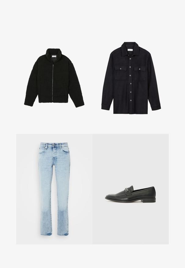 Musta tekokarvalehtijakku korkean kauluksen, vetoketjun, joustavat hihansuut ja tilkkutäkkikuvion. Sisältää sivutaskut ja pehmeän pinnan.; Musta villapaita-takki, jossa on kaulus, etupainonappi kiinnitys, kaksi rintataskua ja pitkät hihat. Pehmeä rakenne, ei näkyviä kuvioita.; Vaaleansinisiä farkkuja, joissa on suora lahkeidesign, viisitaskumalli, hentoa kulutusta ja hieman haalistunut pinta hemmoissa.; Musta nahkakengät, joissa on sileä pinta, koristeelliset ompeleet ja metalliketjun yksityiskohta kengän päällä. Littee korko.