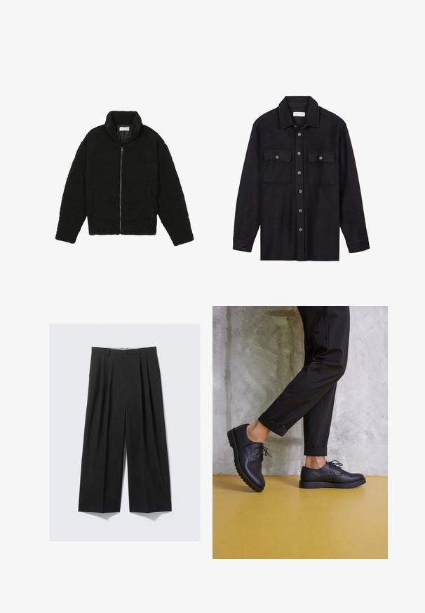 Svart fuskepelsjakke med høy krage, glidelås, elastiske mansjetter og quiltet design. Har sidelommer og en myk tekstur.; Svart ullskjortejakke med krage, frontlukking med knapper, to brystlommer og lange ermer. Myk tekstur, ingen synlige mønstre.; Sorte vide bukser med plisseringer, knaplukning og bæltestropper, vist fladt på en neutral baggrund.; Sorte lærremsko med rund tå, teksturert overflate og tykk gummisåle. Brukes med oppbrettede svarte bukser mot en betongbakgrunn.