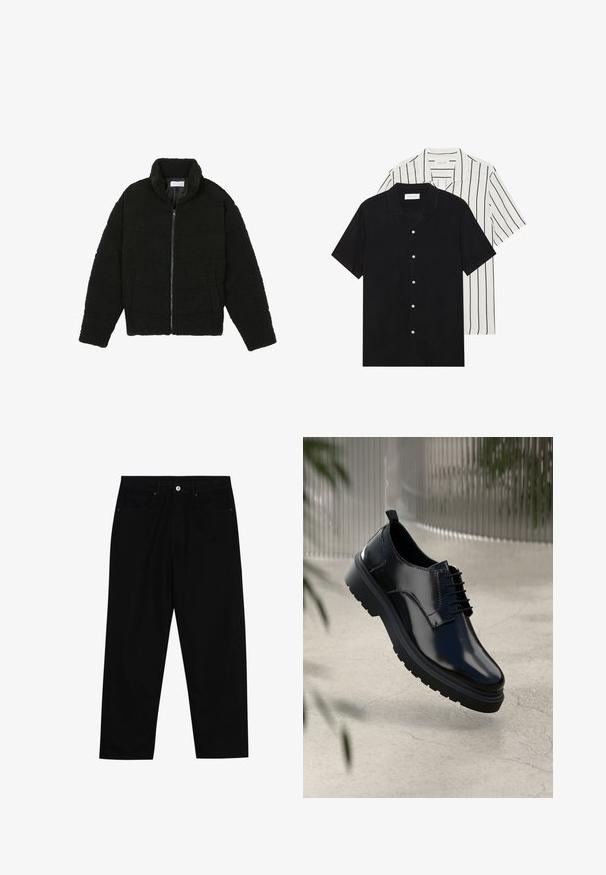 Černá umělá kožešinová bunda s vysokým límcem, zipovým uzávěrem, elastickými manžetami a prošívaným designem. Obsahuje postranní kapsy a jemnou texturu.; Dvě košile s krátkým rukávem: jedna jednobarevná černá, druhá bílá s černými vertikálními pruhy. Obě mají zapínání na knoflíky a klasický límeček.; Černé džíny s rovně střiženými nohavicemi, designem pěti kapes a předním zapínáním na knoflík. Hladký povrch s minimem švových detailů.; Černá kožená bota s lesklým povrchem, kulatou špičkou, šněrováním, kontrastním prošíváním a silnou gumovou podrážkou s vzorováním.