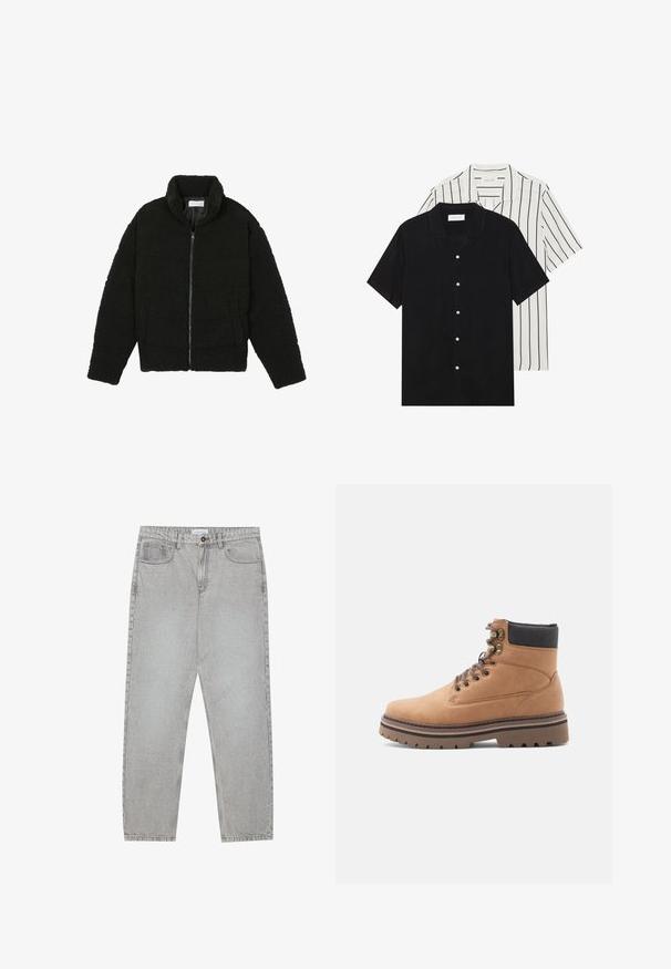 Svart fuskepelsjakke med høy krage, glidelås, elastiske mansjetter og quiltet design. Har sidelommer og en myk tekstur.; To korte ermer skjorter: en i ensfarget svart, en hvit med svarte vertikale striper. Begge har knappelukkinger og klassisk krage.; Lys grå denimbukser med rett ben-design, fem lommer og knappelukking. Synlig søm langs sømmene.; Tan lær hikingstøvel med svart polstret krage, metallhemper, brune lisser og tykk brun såle med mønster på hvit bakgrunn.