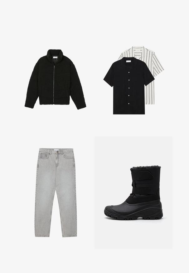 Schwarze Kunstpelzjacke mit hohem Kragen, Reißverschluss, elastischen Bündchen und gestepptem Design. Verfügt über seitliche Taschen und eine weiche Textur.; Zwei kurzärmelige Hemden: eines ganz schwarz, das andere weiß mit schwarzen vertikalen Streifen. Beide verfügen über Knopfverschlüsse und einen klassischen Kragen.; Helle graue Jeanshose mit gerade geschnittenem Design, Fünf-Taschen-Stil und Knopfverschluss. Sichtbare Nähte entlang der Seitennähte.; Schwarzer Winterstiefel aus synthetischem Material, mit einer strukturierten Gummisohle, Klettverschlüssen und einem mit Fell gefütterten oberen Teil zur Isolation.