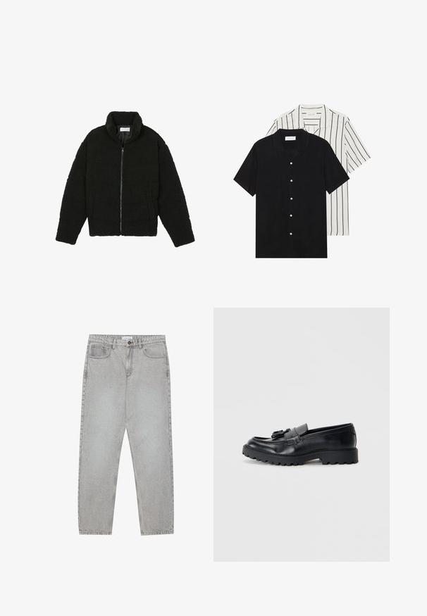 Black faux fur jacket with a high collar, zip closure, elastic cuffs, and a quilted design. Features side pockets and a soft texture.; Two short-sleeve shirts: one solid black, one white with black vertical stripes. Both feature button closures and a classic collar.; Light grey denim pants with a straight-leg design, five-pocket styling, and a button closure. Visible stitching along the seams.; Black leather loafers with a glossy finish, chunky rubber sole, and decorative tassel detail on the front.