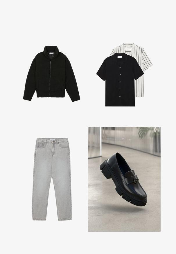 Must must karusnahast jakk kõrge kraega, lukuga sulgemine, elastsed varrukad ja tikandmuster. Omab küljetaskuid ja pehmet tekstuuri.; Kaks lühikeste varrukatega särki: üks ühtlane must, teine valge mustade vertikaalsete triipudega. Mõlemal on nööbiga kinnitamine ja klassikaline krae.; Heledad hallide denimpüksid otse säärekujundusega, viie-taskulise stiliseerimise ja nupukinnitusega. Nähtav õmblus kõrvuti.; Mustad mustadest nahast mokassiinid, millel on turske kummitald ja selgelt määratletud muster. Ees on rihm, millel on ümmargune metallaktsent.