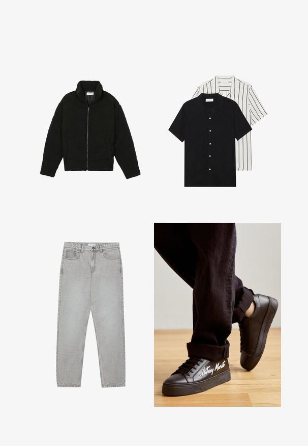 Black faux fur jacket with a high collar, zip closure, elastic cuffs, and a quilted design. Features side pockets and a soft texture.; Two short-sleeve shirts: one solid black, one white with black vertical stripes. Both feature button closures and a classic collar.; Light grey denim pants with a straight-leg design, five-pocket styling, and a button closure. Visible stitching along the seams.; Black high-top sneakers with a smooth leather finish, featuring thick soles and white text "Antony Morato" on the side. Black laces and accents.