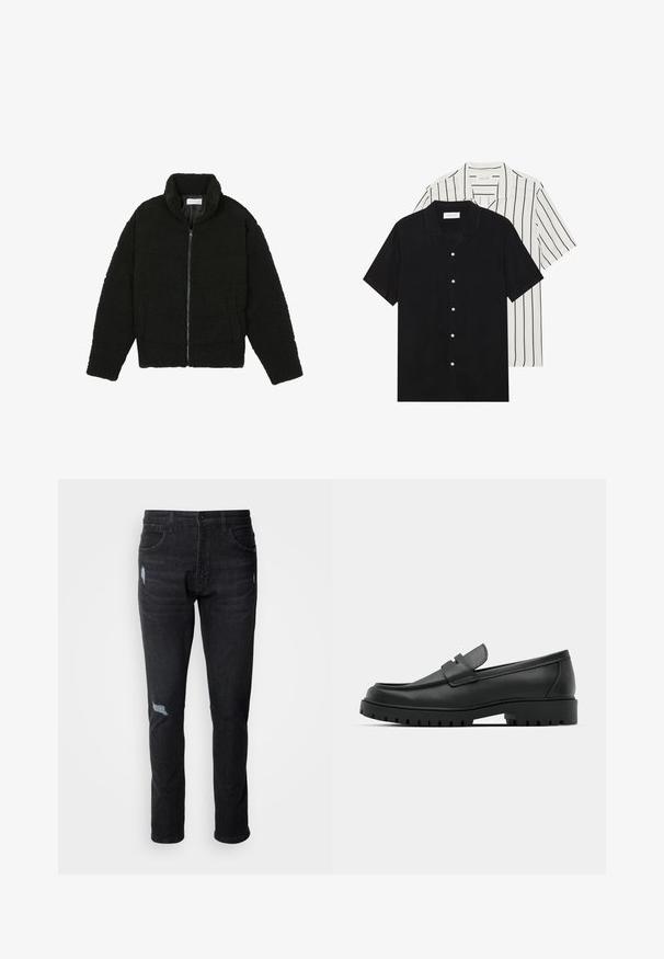 Juoda dirbtinė kailio striukė su aukštu apykakle, užtrauktuku, elastingomis rankovėmis ir siuvinėtu raštu. Su šoninėmis kišenėmis ir švelnia tekstūra.; Du šortais rankovėmis marškiniai: vieni visiškai juodi, kiti balti su juodomis vertikaliomis juostelėmis. Abu turi mygtukų užsegimus ir klasikinį apykaklę.; Juodi džinsai su siauru siluetu, turintys dvi priekines kišenes, vieną galinę kišenę ir nusidėvėjimo detalių ant kelių.; Juodi odiniai loaferiai su apvalia nosimi, su siuvinėtu dizainu, žemu platformos padu ir tekstūruotu, sukibimo raštu padu.