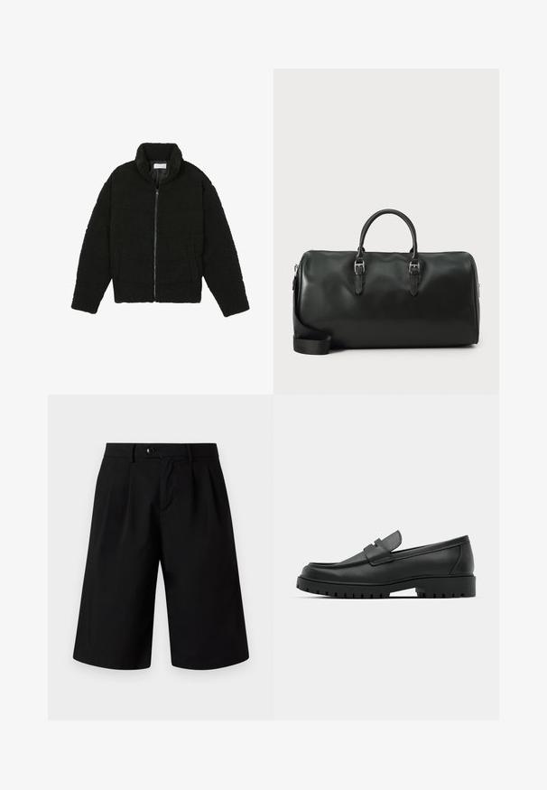 Veste en fausse fourrure noire avec un col haut, fermeture éclair, poignets élastiques et un design matelassé. Elle possède des poches latérales et une texture douce.; Deux chemises à manches courtes : l'une noire unie, l'autre blanche avec des rayures verticales noires. Les deux ont des boutons et un col classique.; Jack & Jones JPSTBILL FLINT - Short - black; Mocassins en cuir noir à bout arrondi, avec un design cousu, une semelle plateforme basse et une semelle en caoutchouc texturée et crantée.; Sac de voyage en cuir noir avec deux poignées, quincaillerie en argent et une bandoulière ajustable. Texture lisse avec une fermeture éclair.
