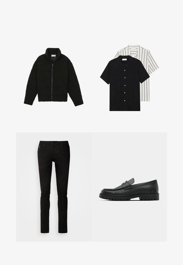 Črna jakna iz umetnega krzna z visokim ovratnikom, z zadrgo, elastičnimi manšetami in kviltanim dizajnom. Ima stranske žepke in mehak tekstur.; Dve majice s kratkimi rokavi: ena enobarvna črna, druga bela z črnimi navpičnimi črtami. Obe imata gumbaste zapenke in klasičen ovratnik.; Črne denim hlače s ozkim krojem, z sprednjimi žepi, zankami za pas in rahlo elastično tkanino za udobje.; Črne usnjene loafers čevlje z zaobljenim nosom, ki imajo šivano zasnovo, nizko platformo in teksturiran, profiliran gumijast podplat.