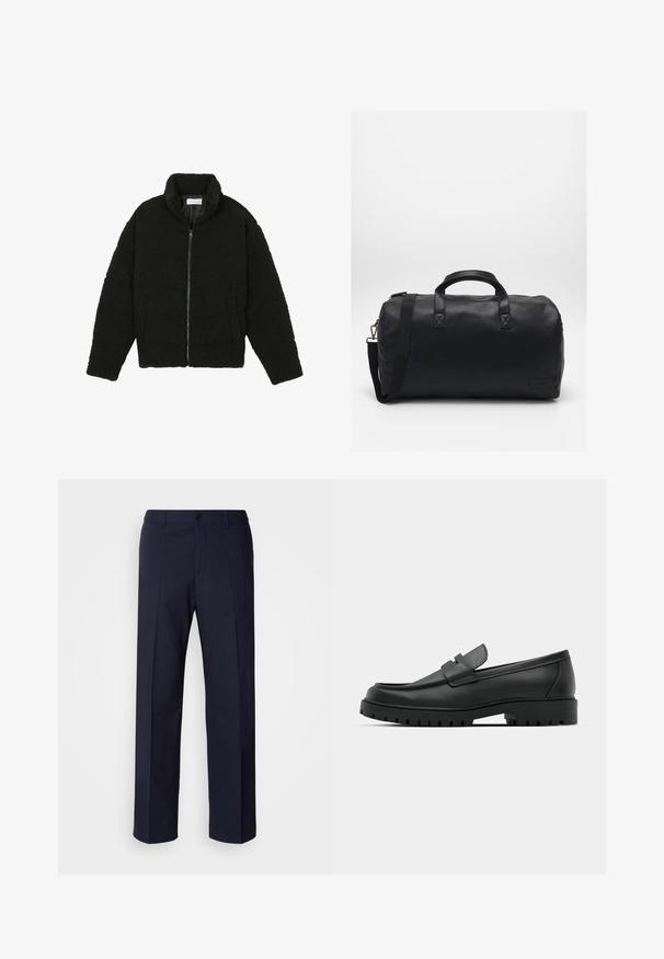 Černá umělá kožešinová bunda s vysokým límcem, zipovým uzávěrem, elastickými manžetami a prošívaným designem. Obsahuje postranní kapsy a jemnou texturu.; Dvě košile s krátkým rukávem: jedna jednobarevná černá, druhá bílá s černými vertikálními pruhy. Obě mají zapínání na knoflíky a klasický límeček.; Námořnické modré kalhoty se střihovým designem rovného nohavice, vyrobené z hladké tkaniny s předními sklady a jedním zapínáním na knoflík.; Černé kožené mokasíny s kulatou špičkou, zdobené prošitím, s nízkou platformou a texturovanou gumovou podrážkou s drážkováním.; Černá sportovní taška vyrobená z texturovaného syntetického materiálu. Má dvě ucha a nastavitelné ramenní poutko. Jednoduchý design bez viditelných vzorů.
