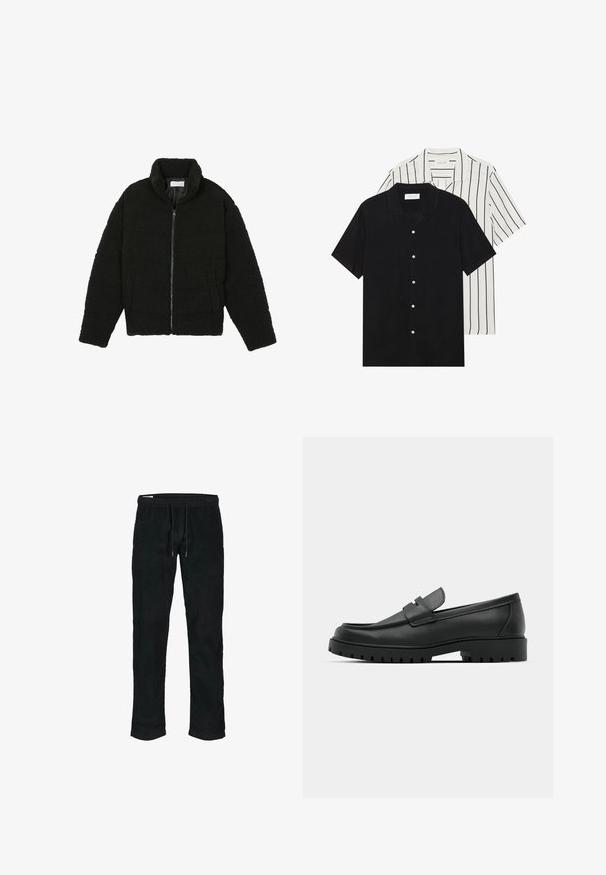 Veste en fausse fourrure noire avec un col haut, fermeture éclair, poignets élastiques et un design matelassé. Elle possède des poches latérales et une texture douce.; Deux chemises à manches courtes : l'une noire unie, l'autre blanche avec des rayures verticales noires. Les deux ont des boutons et un col classique.; Pantalon en velours côtelé noir avec taille élastique, cordon de serrage réglable, jambes fuselées et texture verticale légèrement nervurée.; Mocassins en cuir noir à bout arrondi, avec un design cousu, une semelle plateforme basse et une semelle en caoutchouc texturée et crantée.