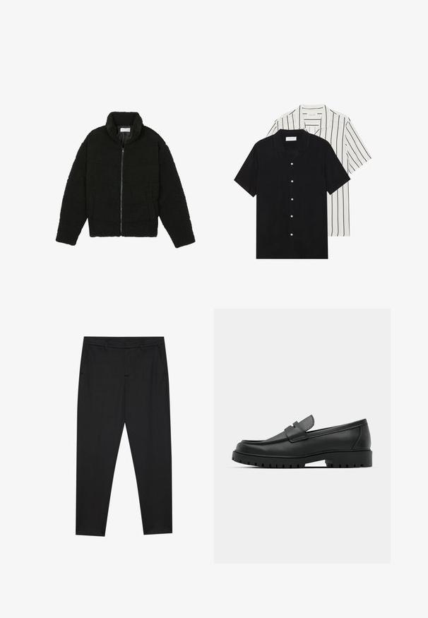 Black faux fur jacket with a high collar, zip closure, elastic cuffs, and a quilted design. Features side pockets and a soft texture.; Two short-sleeve shirts: one solid black, one white with black vertical stripes. Both feature button closures and a classic collar.; Pier One Chinos - black; Black leather loafers with a rounded toe, featuring a stitched design, low platform sole, and a textured, lugged rubber outsole.