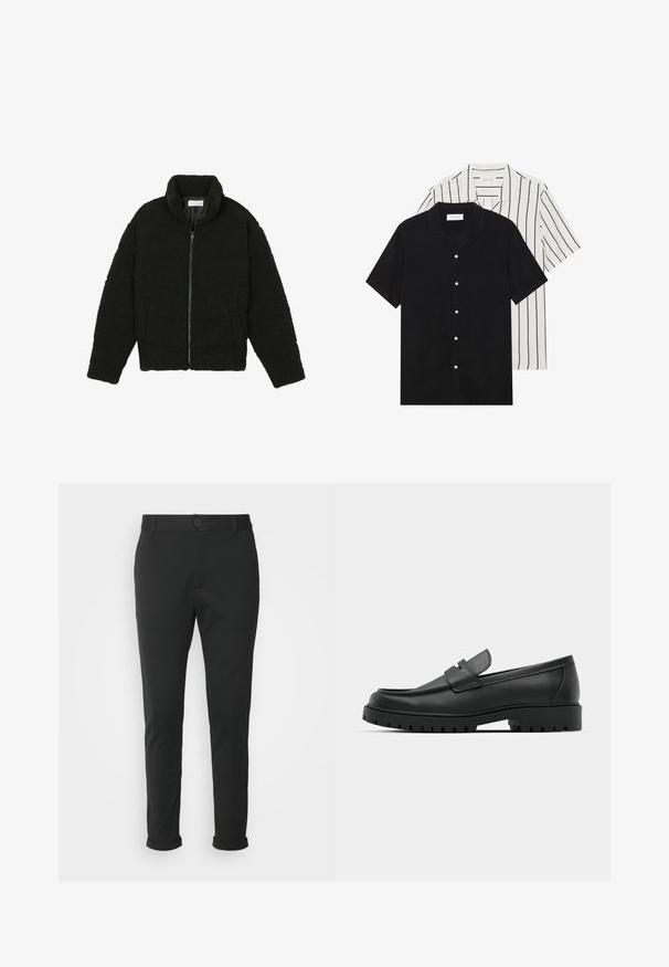 Fekete műszőrme dzseki magas gallérral, cipzáros záródással, rugalmas mandzsettákkal és steppelt mintázattal. Oldalsó zsebekkel rendelkezik, és puha tapintású.; Két rövid ujjú ing: az egyik egyszínű fekete, a másik fehér fekete függőleges csíkokkal. Mindkettő gombos záródással és klasszikus gallérral rendelkezik.; Fekete nadrág sima anyagból, egyenes szabású. Egy gombos záródással és felgöngyölt cuffokkal rendelkezik.; Fekete bőr loafer cipők kerek orral, varrott mintázattal, alacsony platformtalpú és texturált, barázdált gumitalppal.