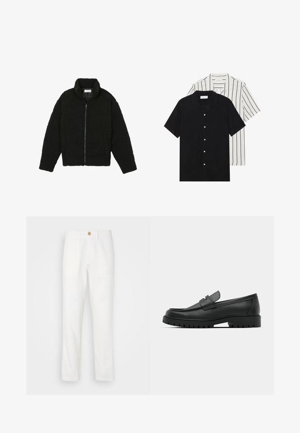 Juoda dirbtinė kailio striukė su aukštu apykakle, užtrauktuku, elastingomis rankovėmis ir siuvinėtu raštu. Su šoninėmis kišenėmis ir švelnia tekstūra.; Du šortais rankovėmis marškiniai: vieni visiškai juodi, kiti balti su juodomis vertikaliomis juostelėmis. Abu turi mygtukų užsegimus ir klasikinį apykaklę.; Balti audiniai kelnių su tiesiu kirpimu, turinčiais dvi priekinės kišenes ir mygtukų užsegimą. Sklandus paviršius ir tvarkinga dizaino išvaizda.; Juodi odiniai loaferiai su apvalia nosimi, su siuvinėtu dizainu, žemu platformos padu ir tekstūruotu, sukibimo raštu padu.