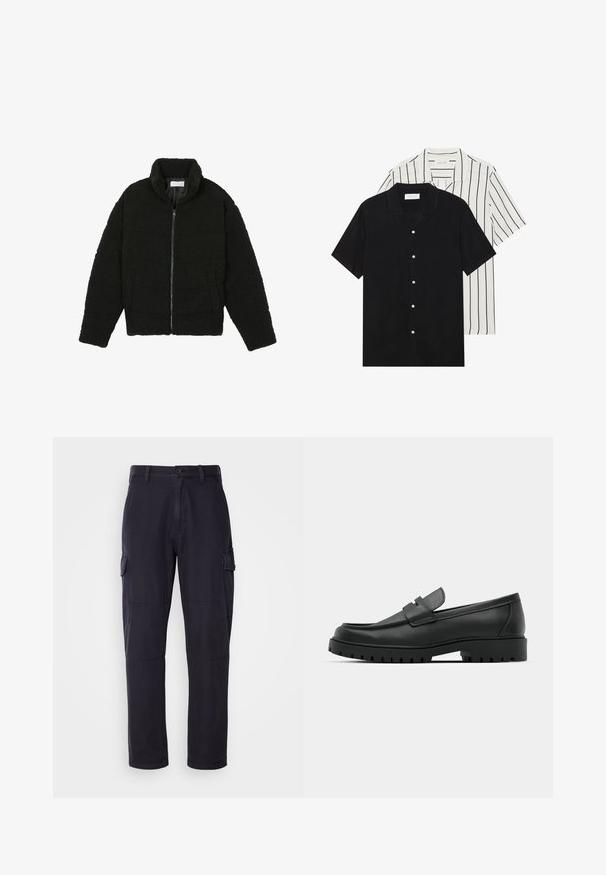 Svart fuskepelsjakke med høy krage, glidelås, elastiske mansjetter og quiltet design. Har sidelommer og en myk tekstur.; To korte ermer skjorter: en i ensfarget svart, en hvit med svarte vertikale striper. Begge har knappelukkinger og klassisk krage.; Mørkeblå cargo-bukser i bomullsblanding, med sidelommer, rett ben design og synlige sømdetaljer.; Sorte lærloafere med rund tå, med en syddesign, lav plattformsåle og en teksturert, ruggede gummisåle.