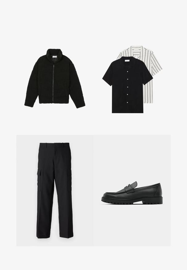 Fekete műszőrme dzseki magas gallérral, cipzáros záródással, rugalmas mandzsettákkal és steppelt mintázattal. Oldalsó zsebekkel rendelkezik, és puha tapintású.; Két rövid ujjú ing: az egyik egyszínű fekete, a másik fehér fekete függőleges csíkokkal. Mindkettő gombos záródással és klasszikus gallérral rendelkezik.; Fekete cargo nadrág, tartós anyagból készült, két nagy oldalzsebbel, egyenes szárú kialakítással és standard derékkal, övhurkokkal.; Fekete bőr loafer cipők kerek orral, varrott mintázattal, alacsony platformtalpú és texturált, barázdált gumitalppal.
