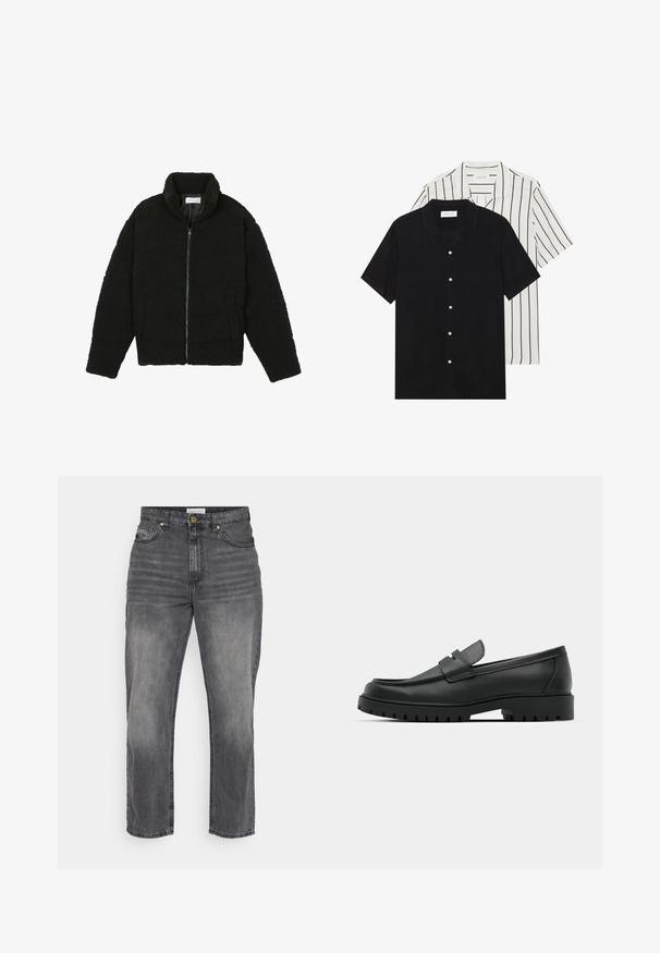 Juoda dirbtinė kailio striukė su aukštu apykakle, užtrauktuku, elastingomis rankovėmis ir siuvinėtu raštu. Su šoninėmis kišenėmis ir švelnia tekstūra.; Du šortais rankovėmis marškiniai: vieni visiškai juodi, kiti balti su juodomis vertikaliomis juostelėmis. Abu turi mygtukų užsegimus ir klasikinį apykaklę.; Pilki džinsai su tiesia kirpimo dizainu, pasidabinę blukusiu paviršiumi, priekinėmis kišenėmis ir mygtuko užsegimu. Paprasta siuvimo ir apvado detalizacija.; Juodi odiniai loaferiai su apvalia nosimi, su siuvinėtu dizainu, žemu platformos padu ir tekstūruotu, sukibimo raštu padu.