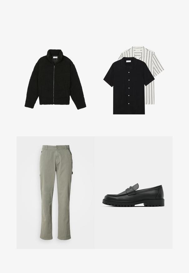 Zwarte faux fur jas met een hoge kraag, ritssluiting, elastische manchetten en een doorgestikt ontwerp. Beschikt over zijzakken en een zachte textuur.; Twee shirts met korte mouwen: één effen zwart, één wit met zwarte verticale strepen. Beide hebben knoopsluitingen en een klassieke kraag.; Lichtgroene katoenen broek met een rechte snit, voorzien van zijzakken, een knoopsluiting en een tailleband met riemlussen.; Zwarte leren instappers met een ronde neus, voorzien van een gestikt ontwerp, een lage platformzool en een gestructureerde, grof rubberen buitenzool.